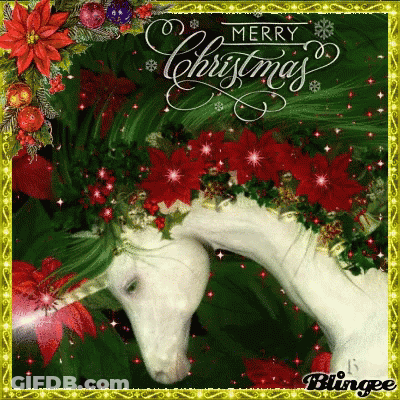 A Merry Christmas Card With A White Unicorn And Poinsettia GIF