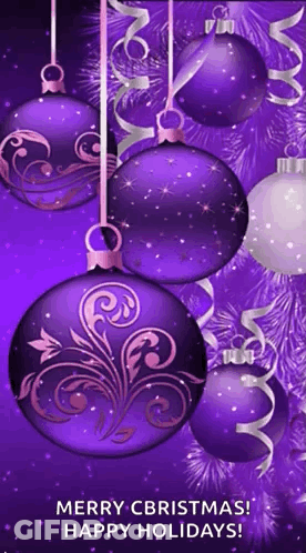 A Merry Christmas Card With Purple And White Christmas Balls GIF