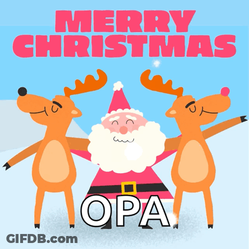 A Merry Christmas Card With Santa And Reindeer Dancing GIF
