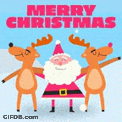 A Merry Christmas Card With Santa Claus And Reindeer GIF
