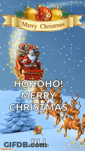 A Merry Christmas Card With Santa In A Sleigh GIF