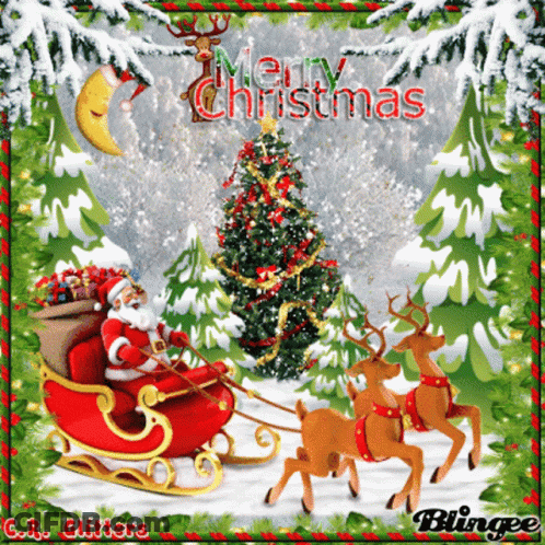 A Merry Christmas Card With Santa In His Sleigh Pulled By Reindeer GIF