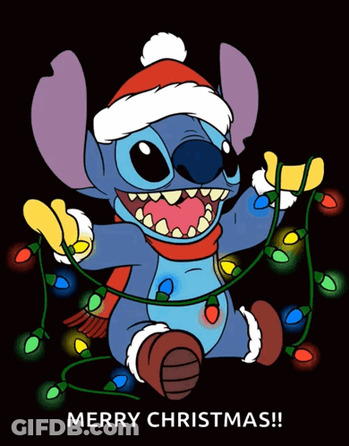 A Merry Christmas Card With Stitch Holding A String Of Lights GIF