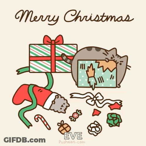 A Merry Christmas Eve Greeting Card With A Cat In A Santa Suit GIF