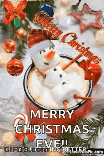 A Merry Christmas Eve Greeting Card With A Snowman Made Out Of Marshmallows . GIF