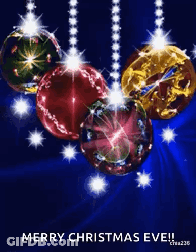 A Merry Christmas Eve Greeting Card With Christmas Balls Hanging From Strings GIF