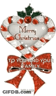 A Merry Christmas Greeting Card With A Candy Cane In The Shape Of A Heart With A Bow . GIF