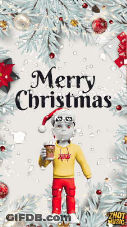A Merry Christmas Greeting Card With A Cartoon Character Holding A Cup Of Coffee GIF