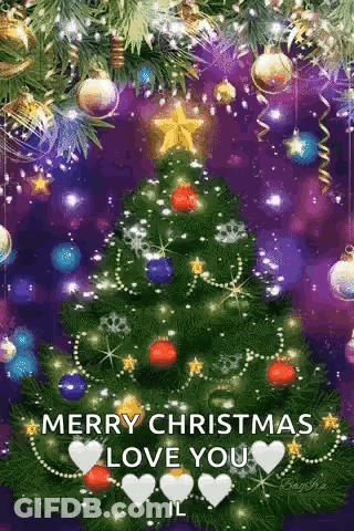A Merry Christmas Greeting Card With A Christmas Tree And Decorations GIF