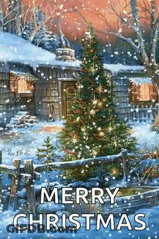 A Merry Christmas Greeting Card With A Christmas Tree In Front Of A Cabin In The Snow . GIF