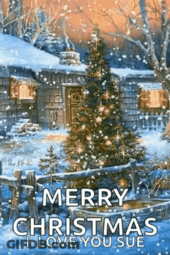 A Merry Christmas Greeting Card With A Christmas Tree In Front Of A House GIF