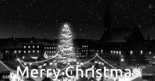 A Merry Christmas Greeting Card With A Christmas Tree In The Background GIF