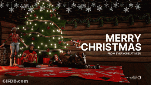 A Merry Christmas Greeting Card With A Christmas Tree In The Background GIF