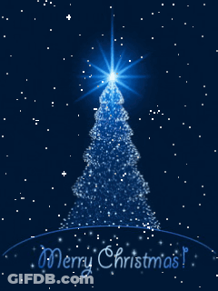 A Merry Christmas Greeting Card With A Christmas Tree In The Background GIF
