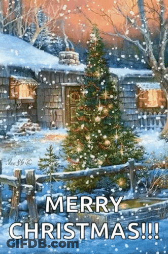 A Merry Christmas Greeting Card With A Christmas Tree In The Snow In Front Of A Cabin . GIF