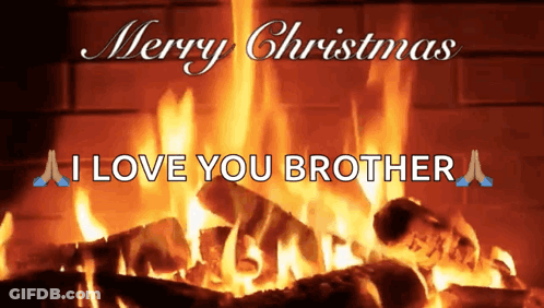 A Merry Christmas Greeting Card With A Fire In The Background GIF
