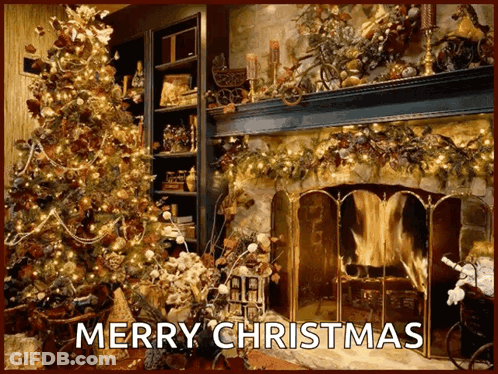 A Merry Christmas Greeting Card With A Fireplace And A Christmas Tree GIF