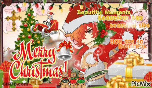 A Merry Christmas Greeting Card With A Girl Wearing Santa Hat GIF