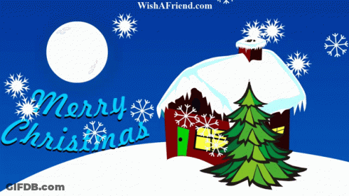 A Merry Christmas Greeting Card With A House And Tree GIF