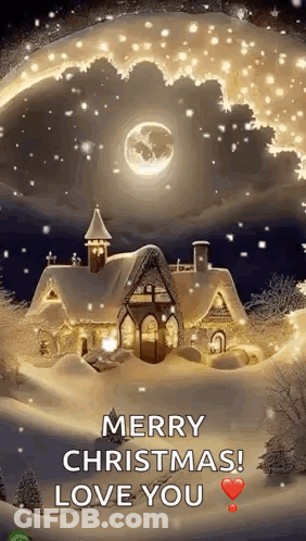 A Merry Christmas Greeting Card With A House In The Snow GIF