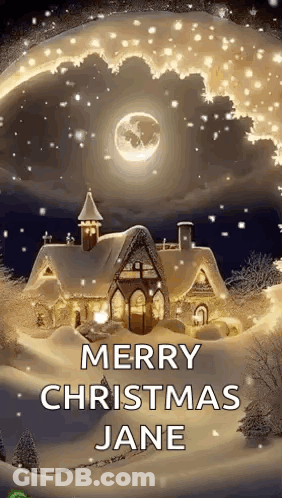 A Merry Christmas Greeting Card With A House In The Snow And The Words `` Merry Christmas Jane '' . GIF