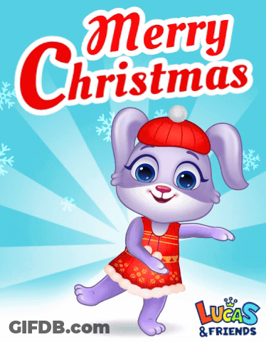 A Merry Christmas Greeting Card With A Purple Bunny Wearing A Red Hat GIF