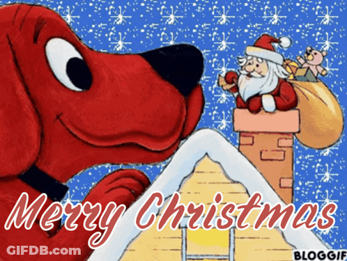 A Merry Christmas Greeting Card With A Red Dog And Santa Claus GIF