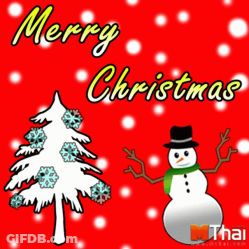 A Merry Christmas Greeting Card With A Snowman And A Christmas Tree GIF