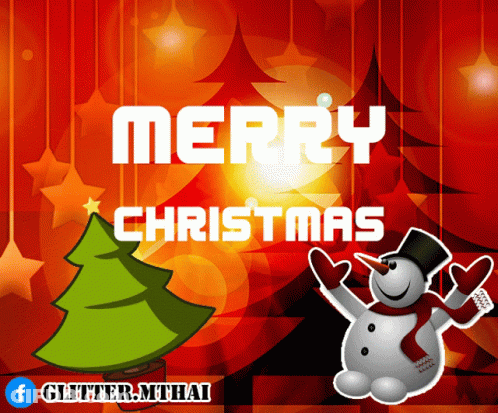 A Merry Christmas Greeting Card With A Snowman And Christmas Tree GIF