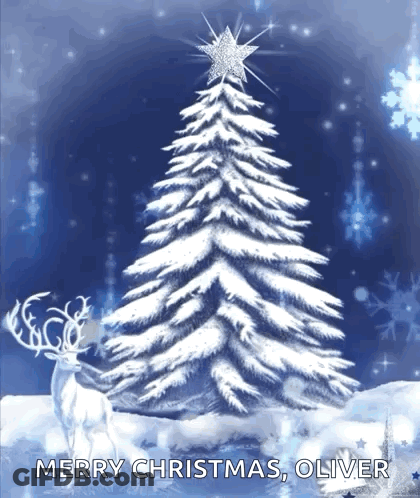 A Merry Christmas Greeting Card With A Snowy Christmas Tree And Reindeer GIF
