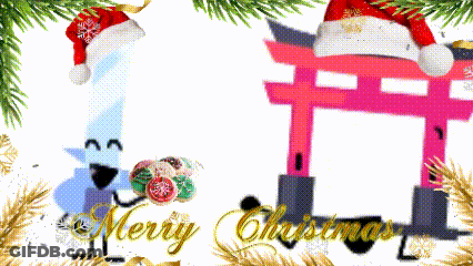 A Merry Christmas Greeting Card With A Torii Gate And A Santa Claus GIF