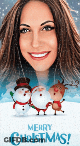 A Merry Christmas Greeting Card With A Woman 'S Face GIF