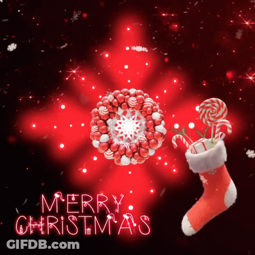 A Merry Christmas Greeting Card With A Wreath And A Stocking GIF
