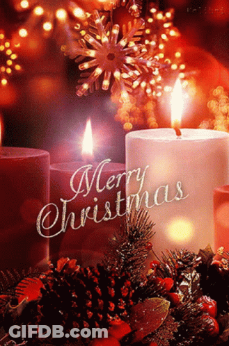 A Merry Christmas Greeting Card With Candles And Pine Cones GIF