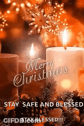 A Merry Christmas Greeting Card With Candles , Pine Cones , And A Snowflake . GIF