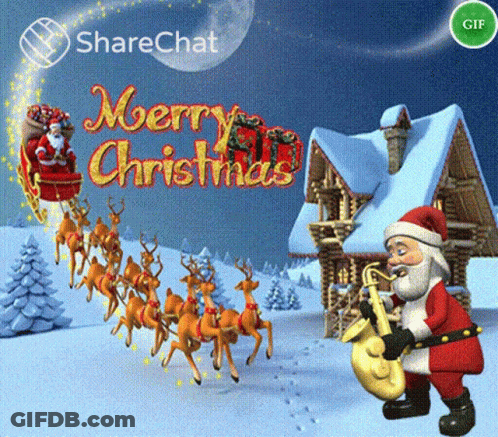 A Merry Christmas Greeting Card With Santa And Reindeer GIF