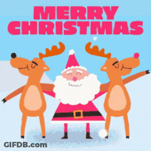 A Merry Christmas Greeting Card With Santa And Reindeer GIF