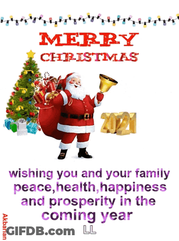 A Merry Christmas Greeting Card With Santa And The Year 2021 GIF