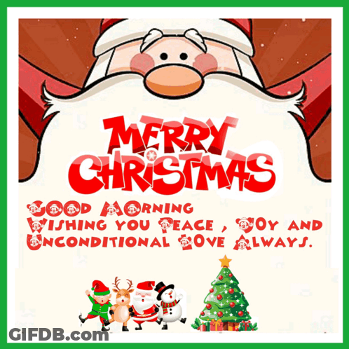 A Merry Christmas Greeting Card With Santa Claus And A Christmas Tree GIF