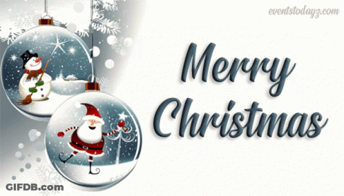 A Merry Christmas Greeting Card With Santa Claus And Snowmen GIF