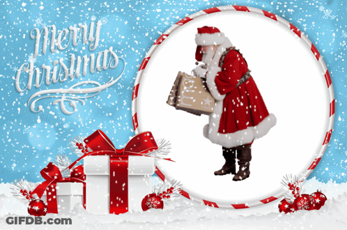 A Merry Christmas Greeting Card With Santa Claus Holding Gifts GIF
