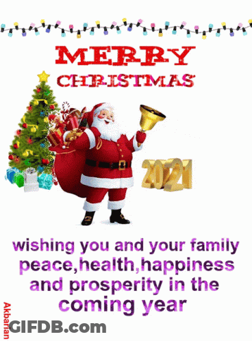 A Merry Christmas Greeting Card With Santa Holding A Bell GIF