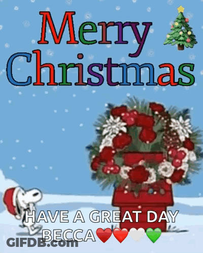 A Merry Christmas Greeting Card With Snoopy And A Wreath GIF