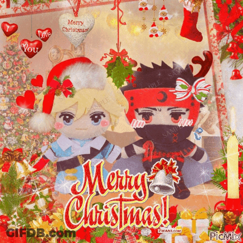 A Merry Christmas Greeting Card With Stuffed Animals GIF