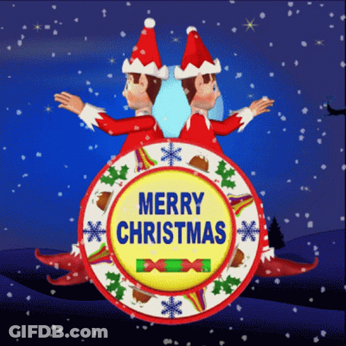 A Merry Christmas Greeting Card With Two Elves GIF