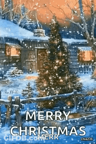 A Merry Christmas Message With A Christmas Tree In Front Of A House GIF