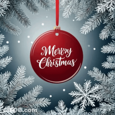 A Merry Christmas Ornament Hangs From A Red Ribbon GIF