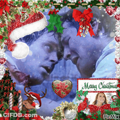 A Merry Christmas Picture With Two Men And A Woman GIF