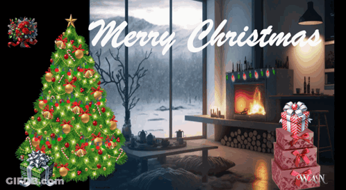 A Merry Christmas Poster With A Christmas Tree And Presents GIF