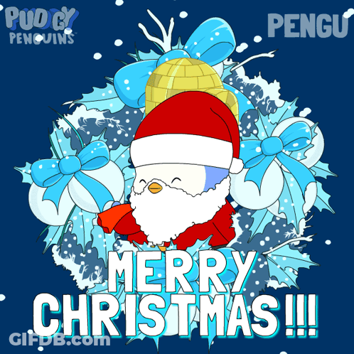 A Merry Christmas Poster With A Penguin In A Santa Hat GIF